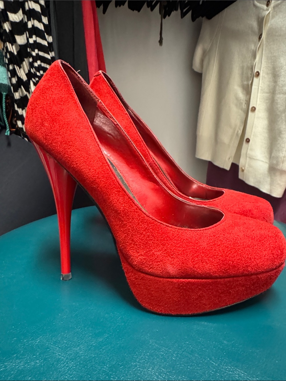 Bakers Red Suede Platform Stiletto Pumps